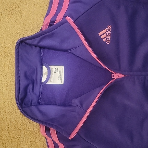 Kids purple adidas jacket with pink stripes. - Picture 2 of 7